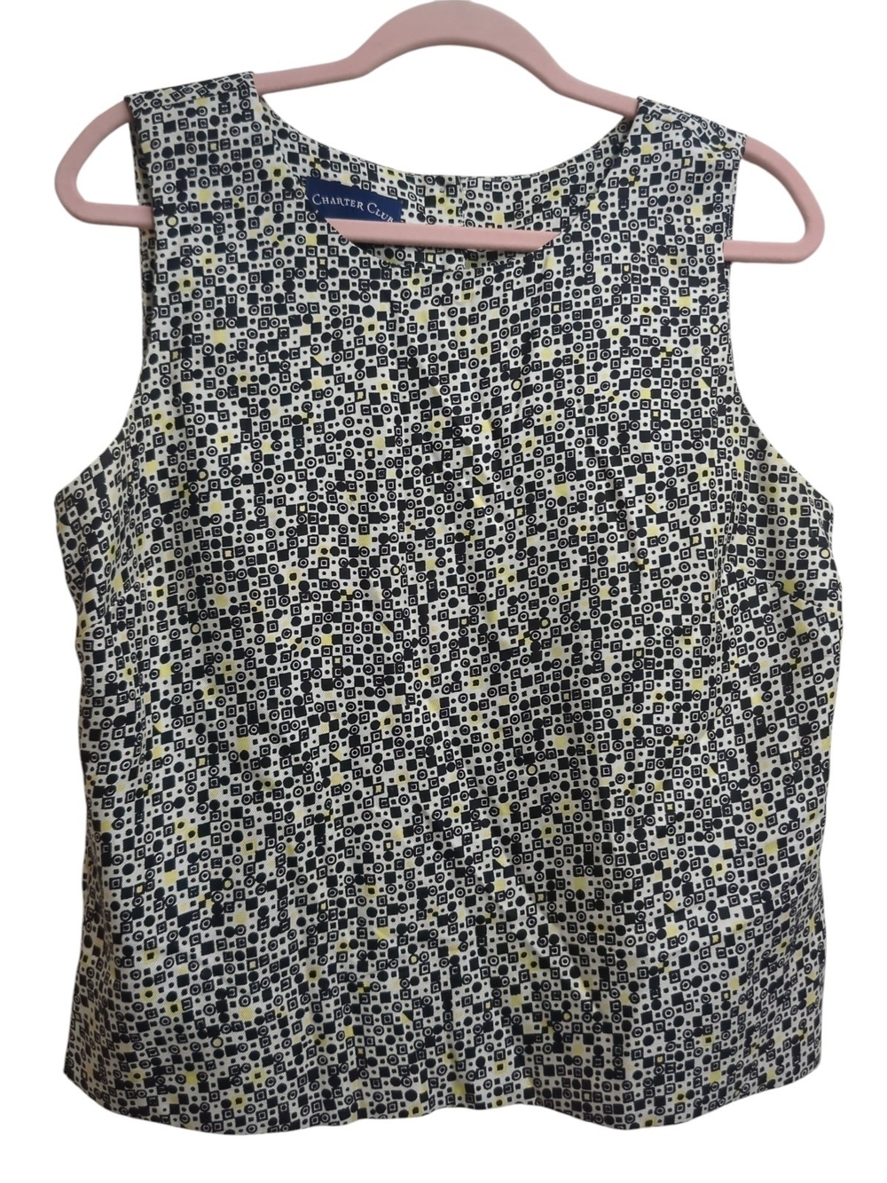 Charter Club 100% Silk Sleeveless Blouse Size 12 Black White Yellow Geometric